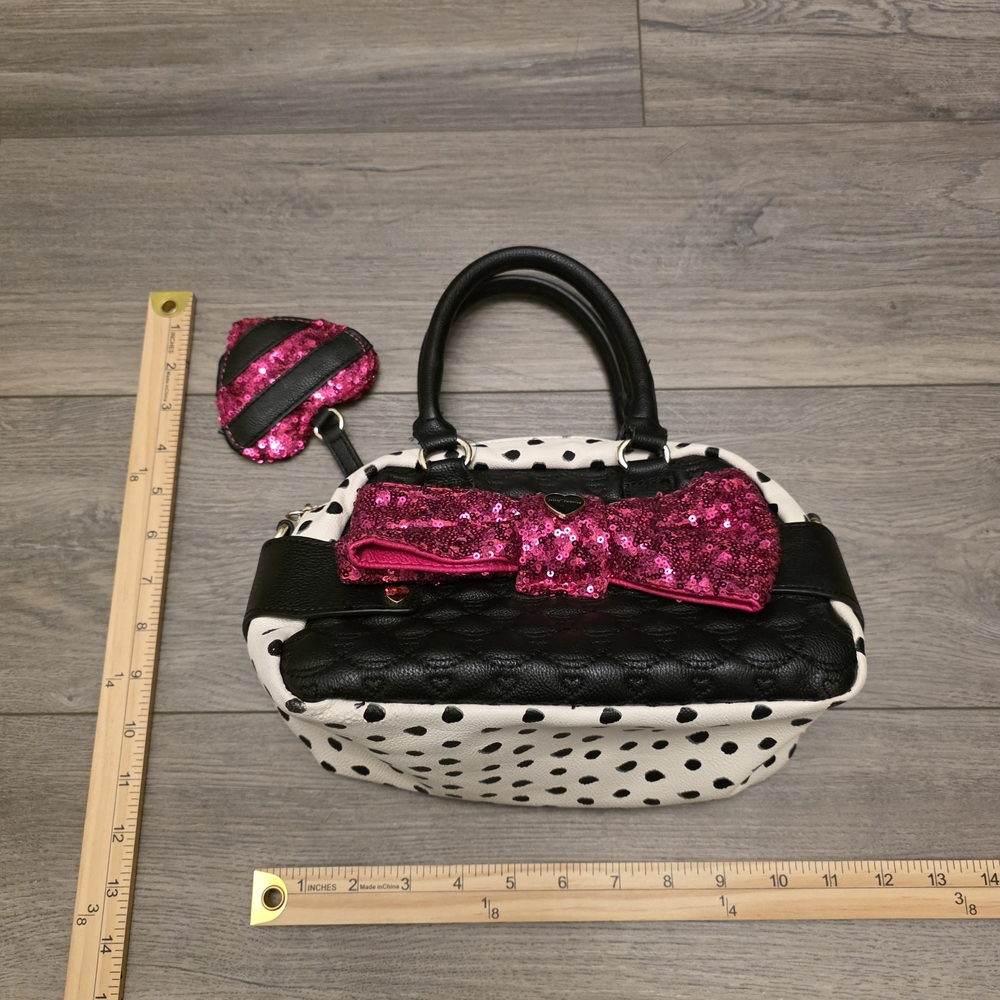 Betsey Johnson Black and Pink Sequin Bow Mini Satchel Bag Purse - Picture 8 of 8